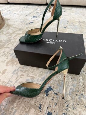 Guess by Marciano Dark Green Croc-Embossed Stiletto Sandals with Gold Heel